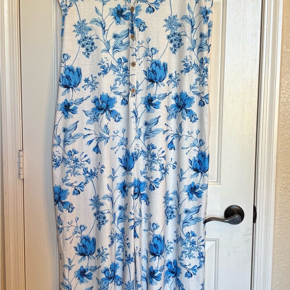 Blue Floral Button-Front Jumpsuit With Pockets